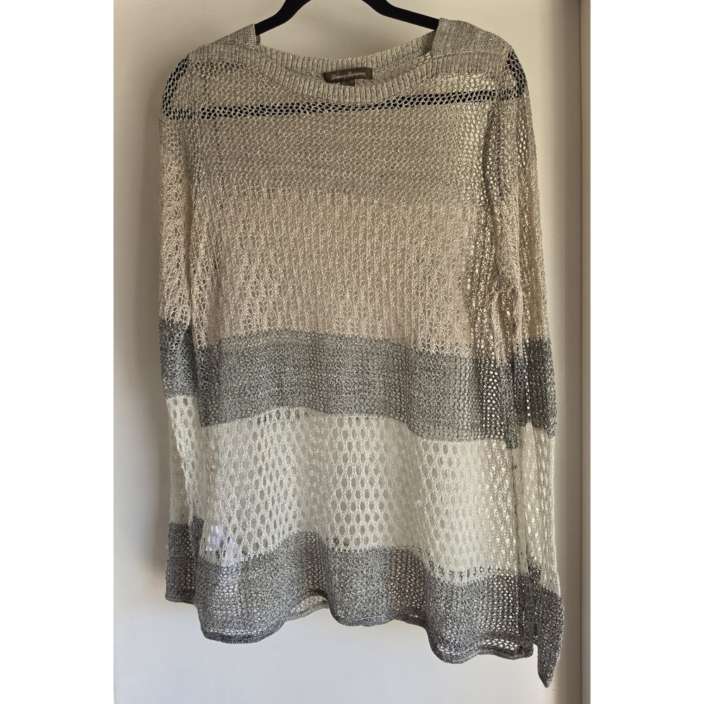 Tommy Bahama Women XL Striped Linen Pullover Sweater Beige Grey Resort Casual